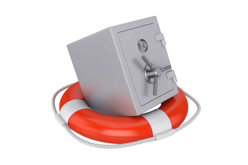 Money saving and financial wealth protection concept. Steel safe in lifebuoy on white background. 3d render